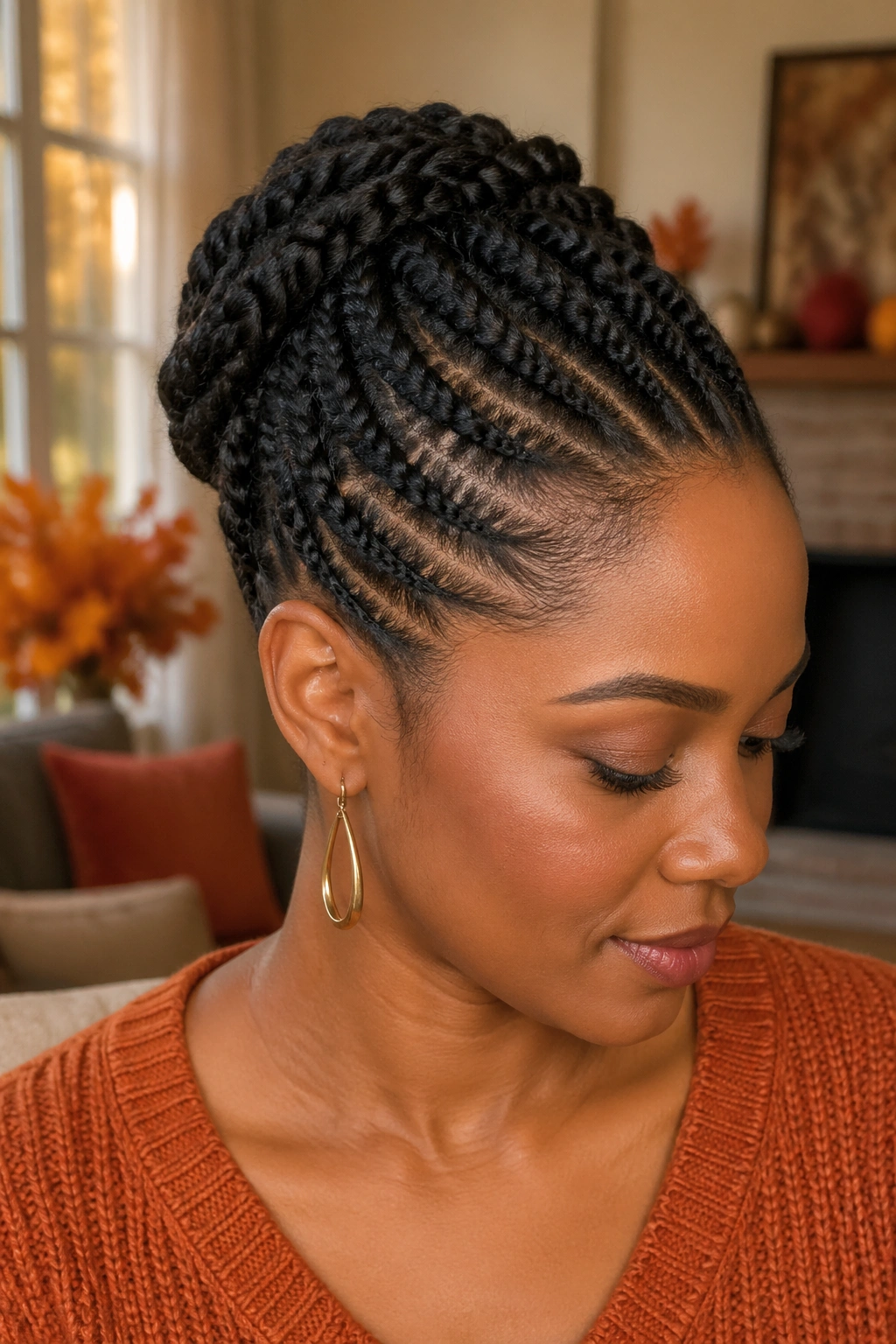 Close-up of a woman with flat twists forming an updo in warm indoor light
