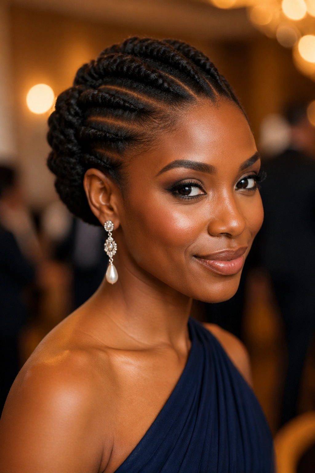 Close-up of a real woman with flat twist updo in formal indoor setting