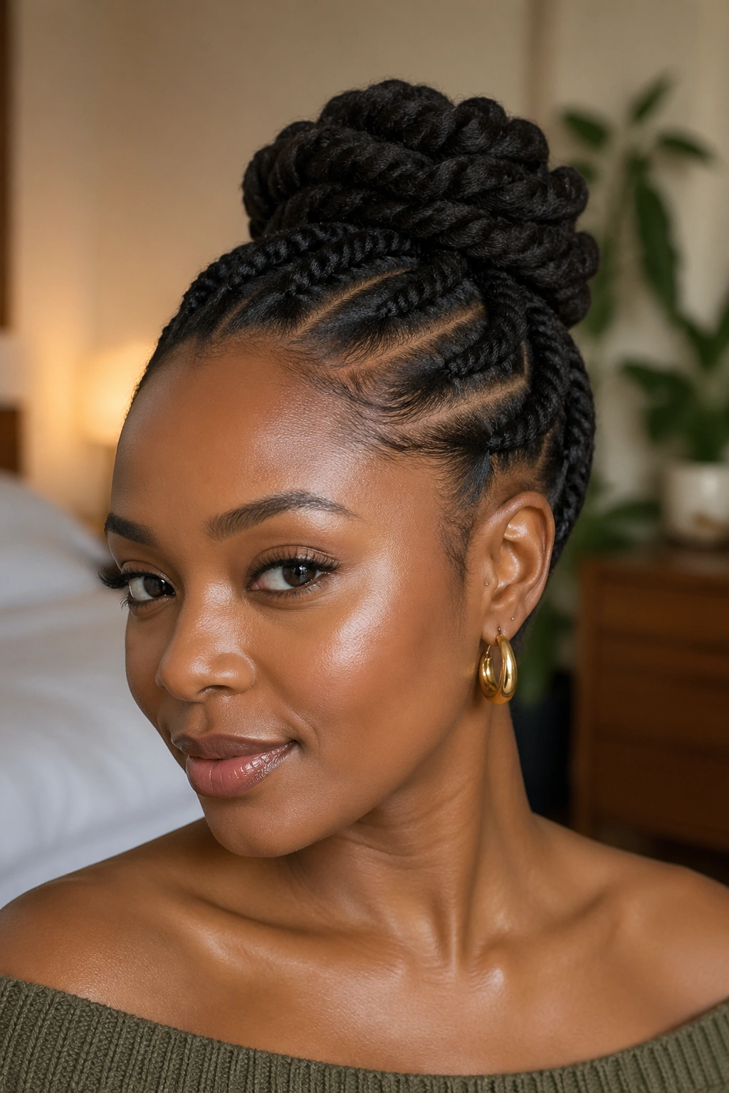 Close-up portrait of a real Black woman wearing a flat twist updo in warm bedroom light