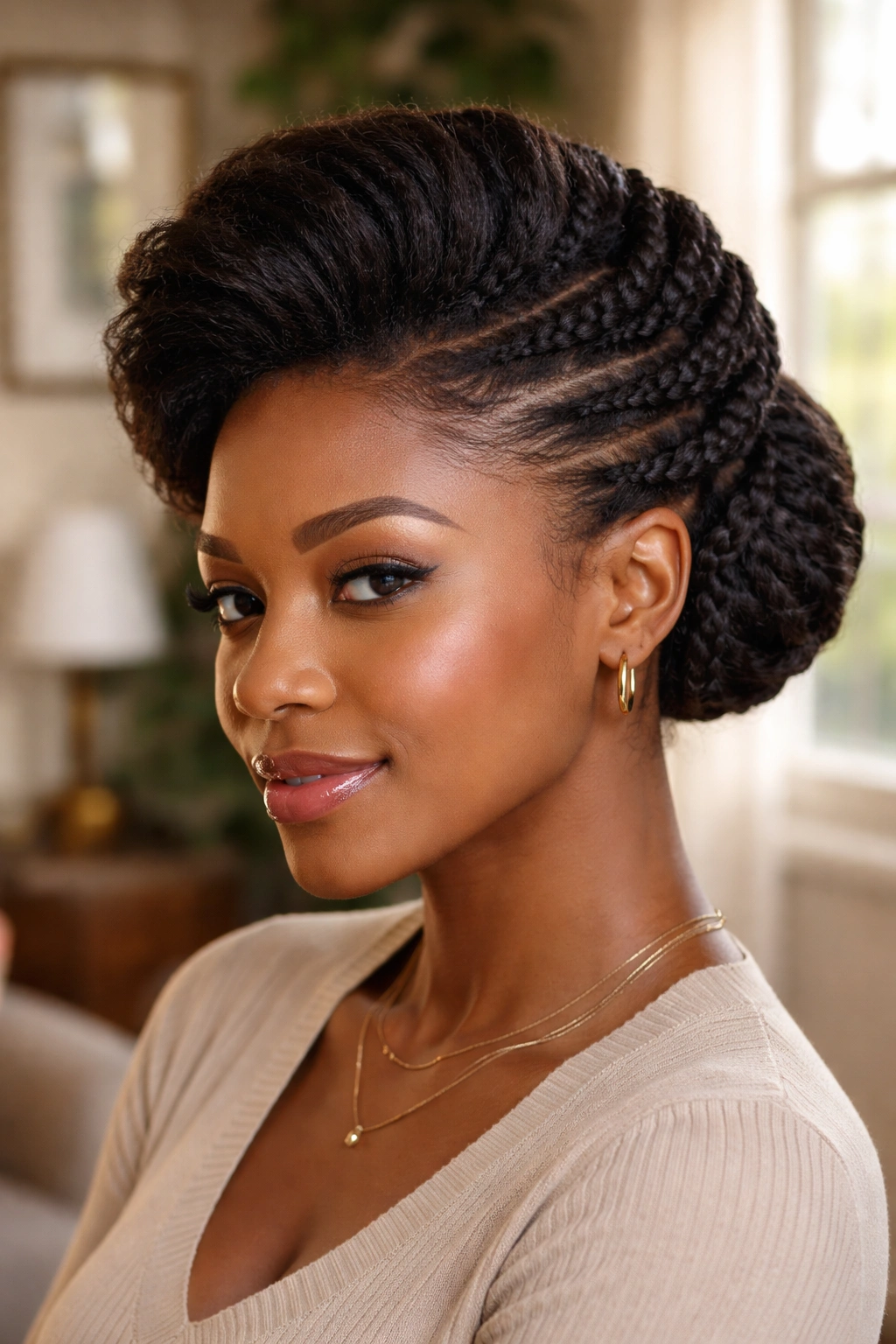 Close-up of a real woman with flat twist updo and front pompadour in natural light.