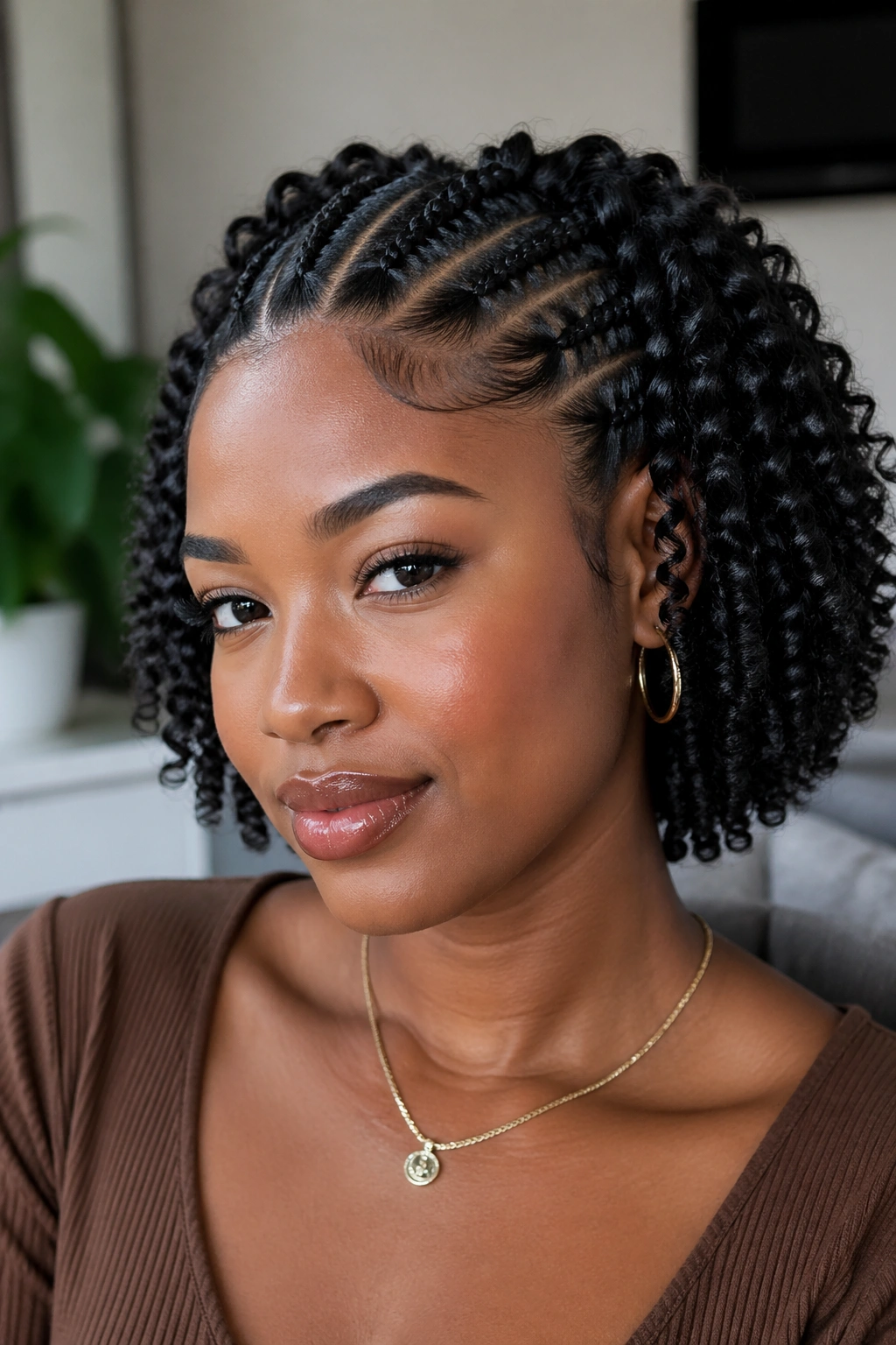 Close-up of a real person showing flat twists at the front with wand curls at the back.