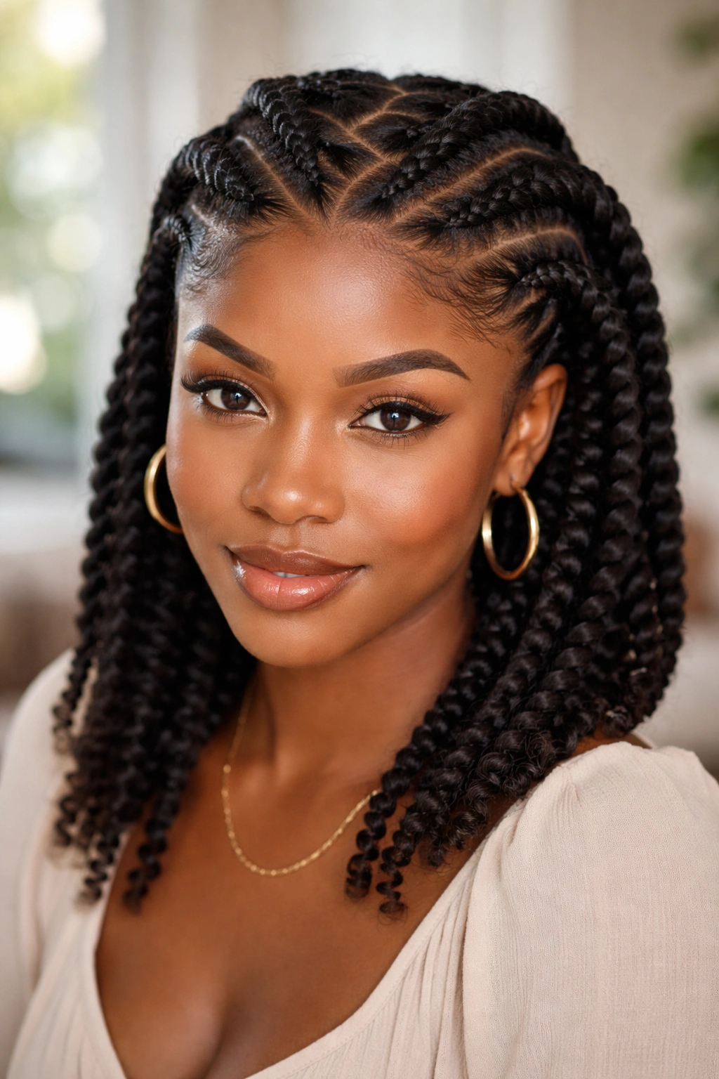 Portrait of a real woman with a zigzag-parted flat twists hairstyle