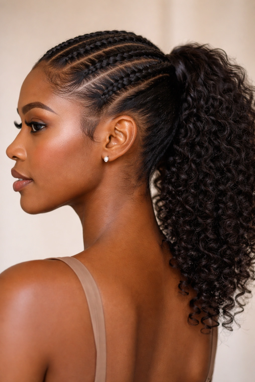 Close-up of flat twists converging into a mid ponytail on a Black woman.