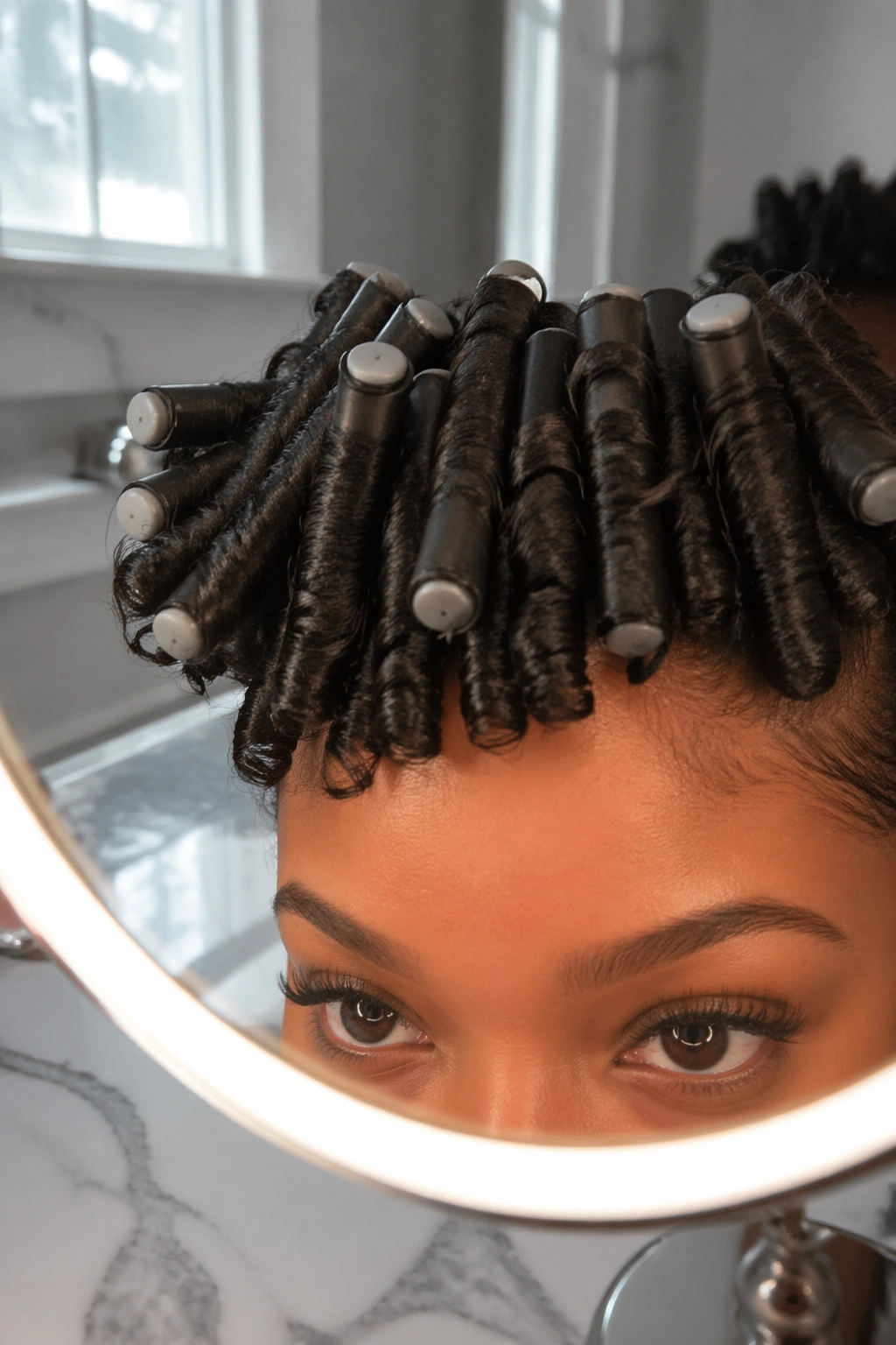 Close-up of flexi-rod bangs with uniform curls
