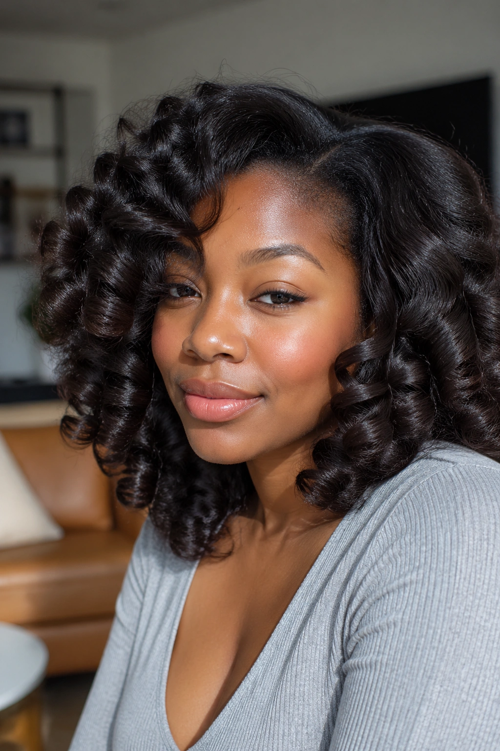 Close-up of a real woman with stretched blowout and round curls reminiscent of a flexi-rod set.