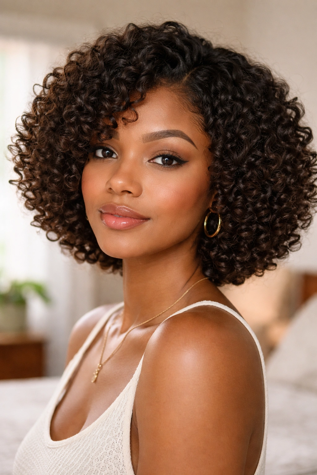 Close-up of a woman with chin-length curls styled in a rounded flexi-rod bob.