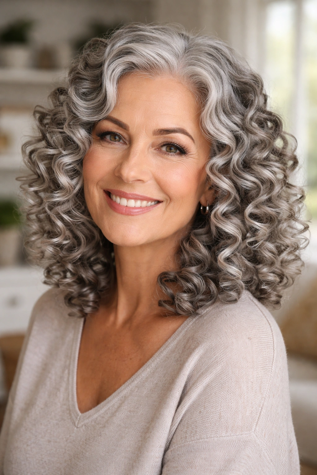 Close-up of a real woman with silver flexi-rod curls in natural light