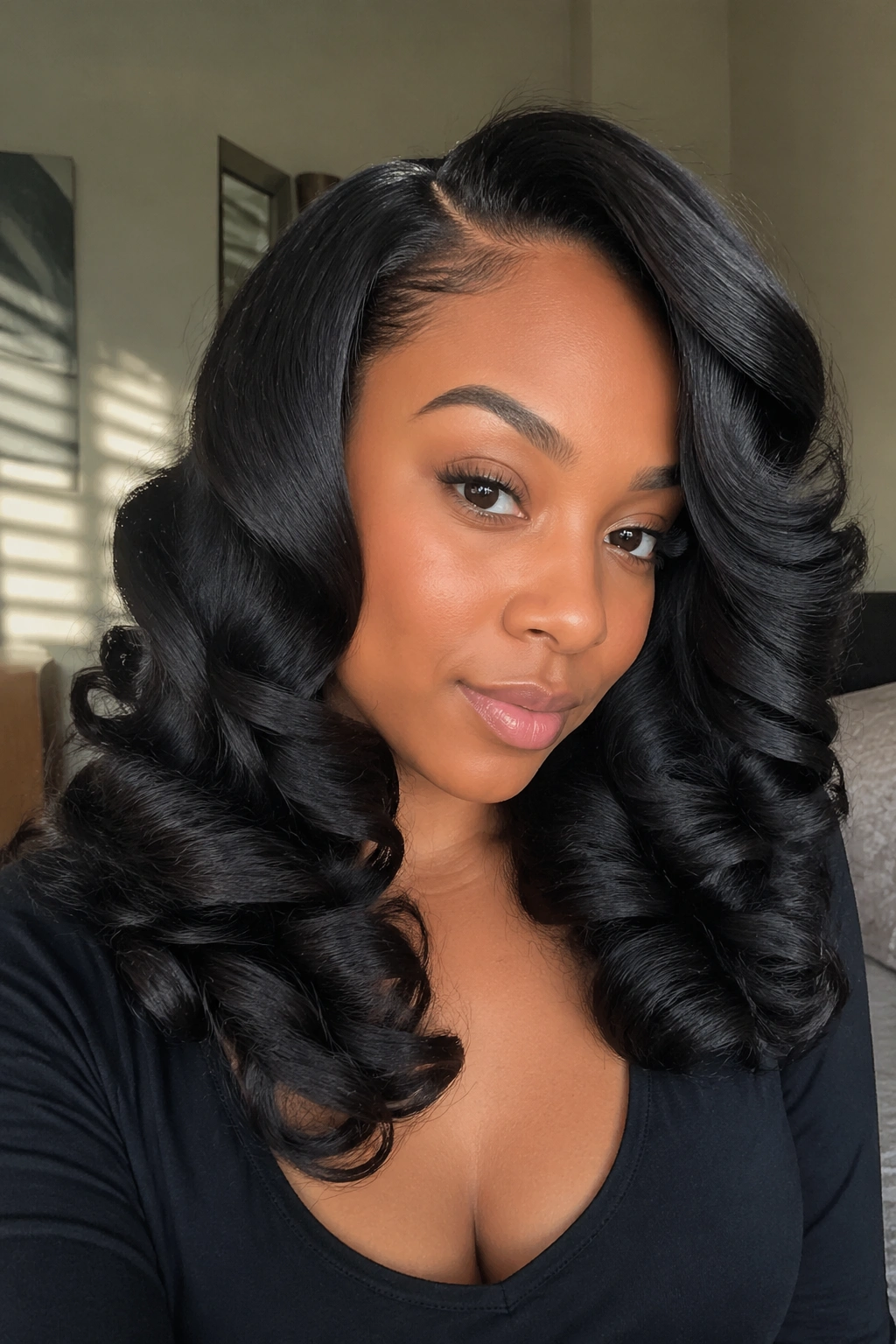 Close-up of a real woman with big flexi-rod curls over silk-pressed hair