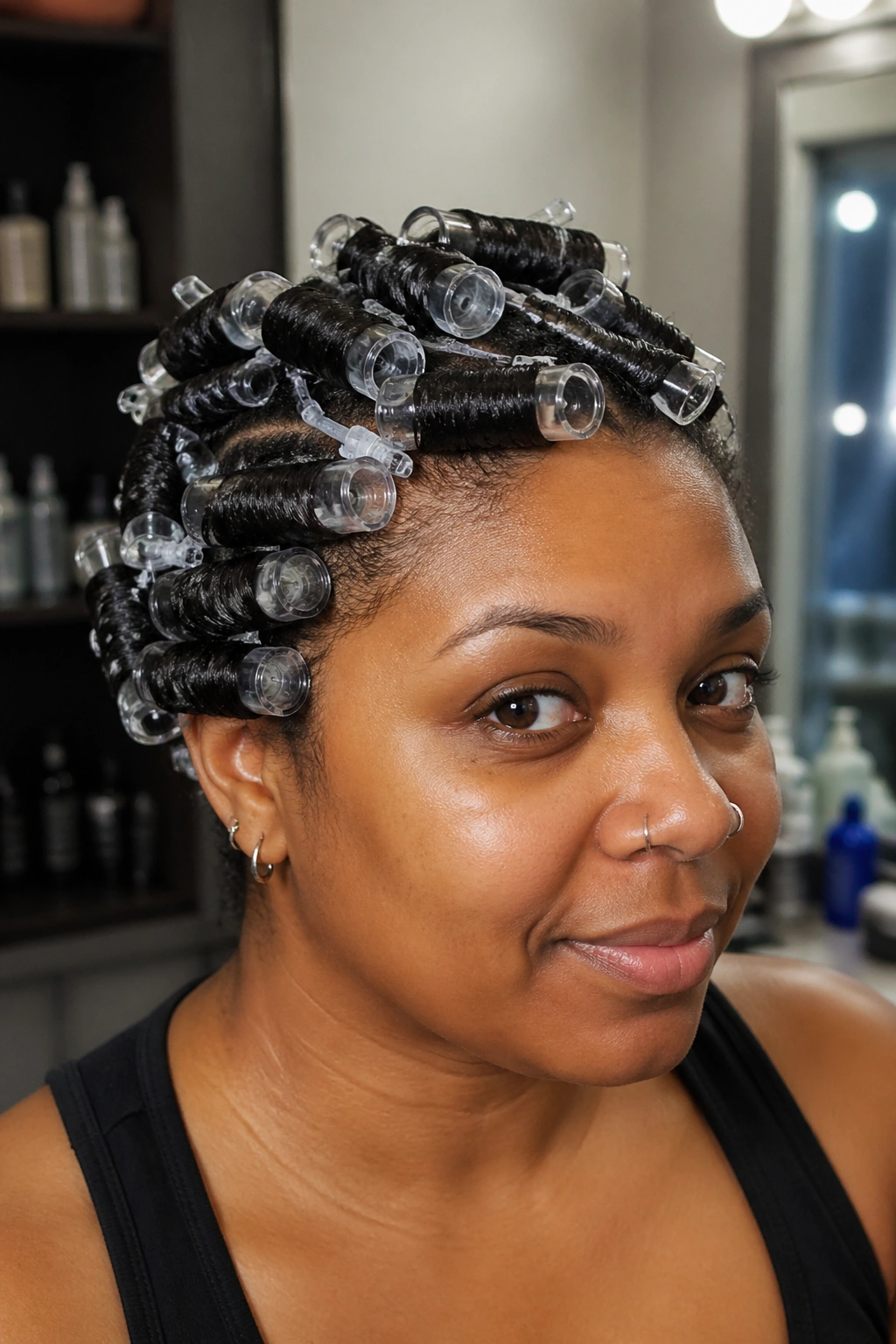Real person with wet flexi-rods in hair, close-up