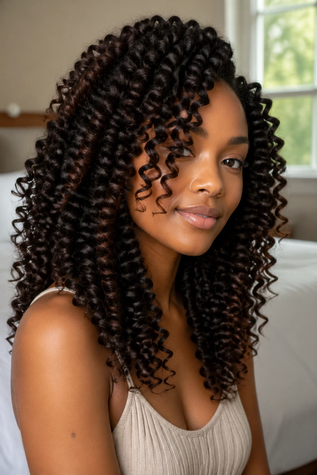 Close-up portrait of a real woman with defined spiral ringlets from flexi rod styling.