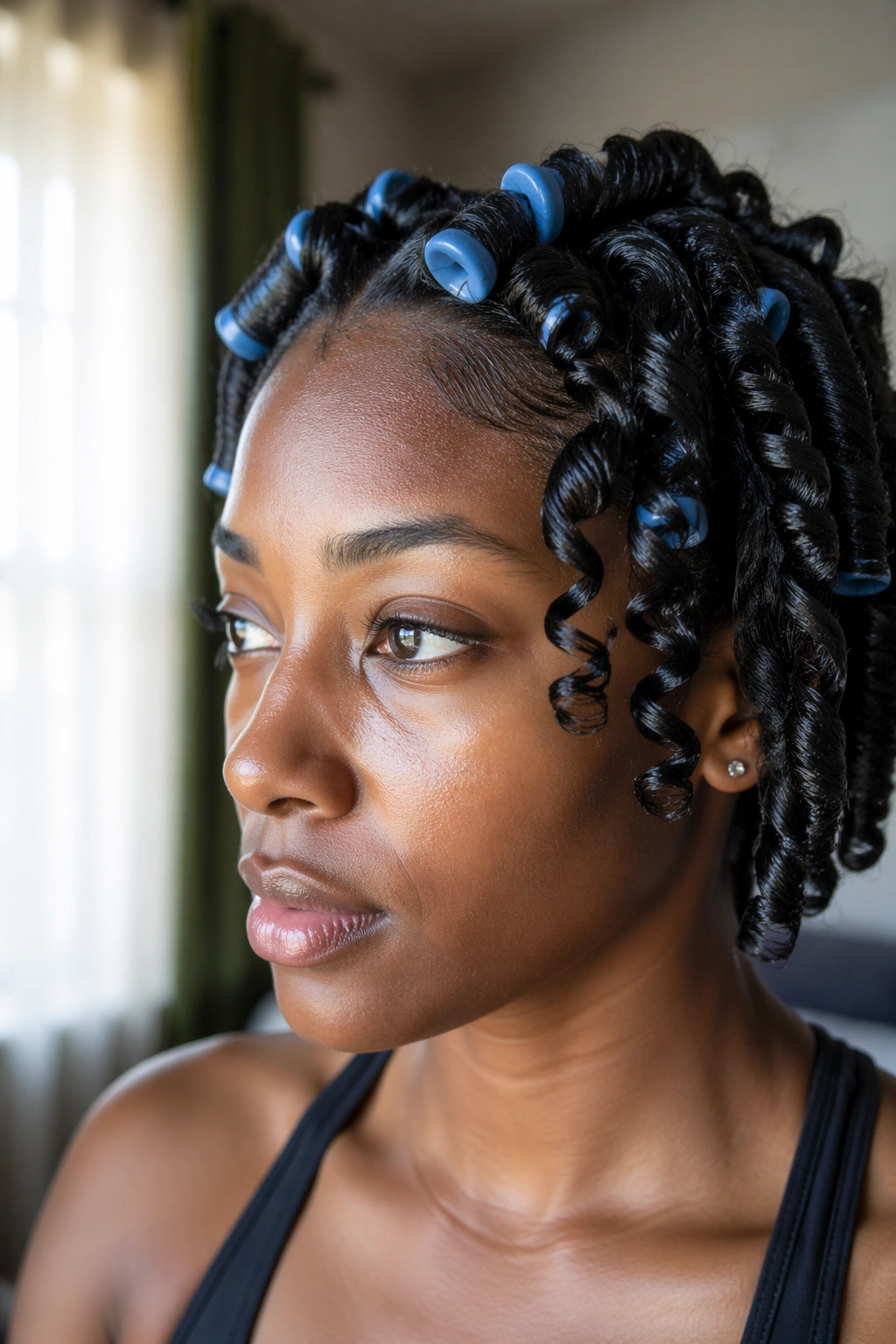 Close-up of real Black woman with flexi rod set indoors