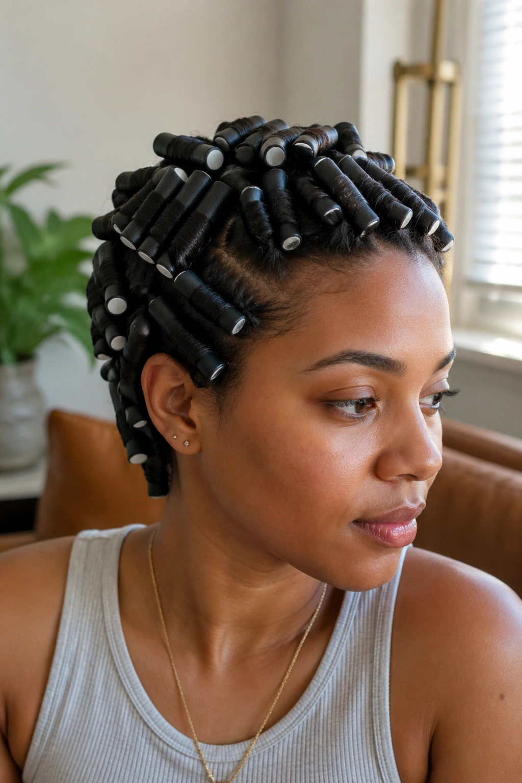 Close-up of a real woman with a flexi-rod set curls