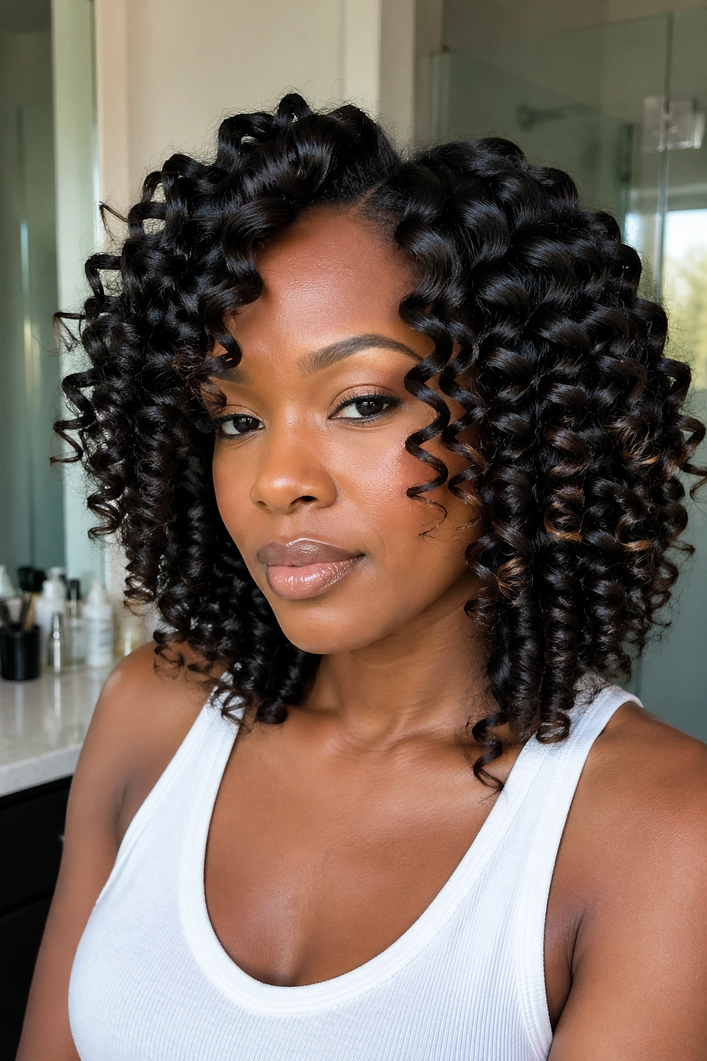 Close-up of a woman with flexi-rod defined spirals in a bright bathroom