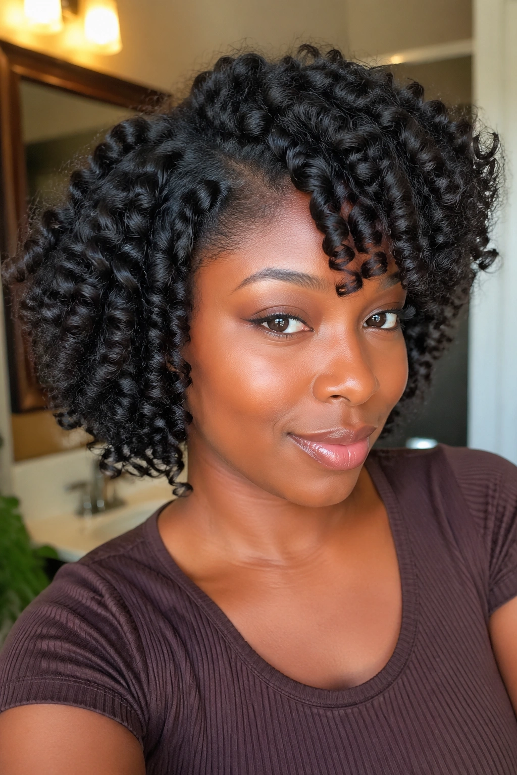 Real woman with flexi rod set curls on medium-length afro hair.