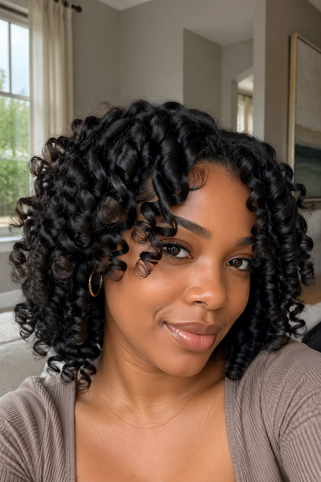 Close-up of a real woman with a flexi-rod set featuring uniform ringlets