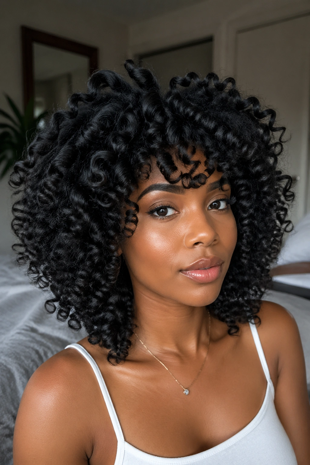 Close-up of a real woman's head showing a flexi rod set with added volume.