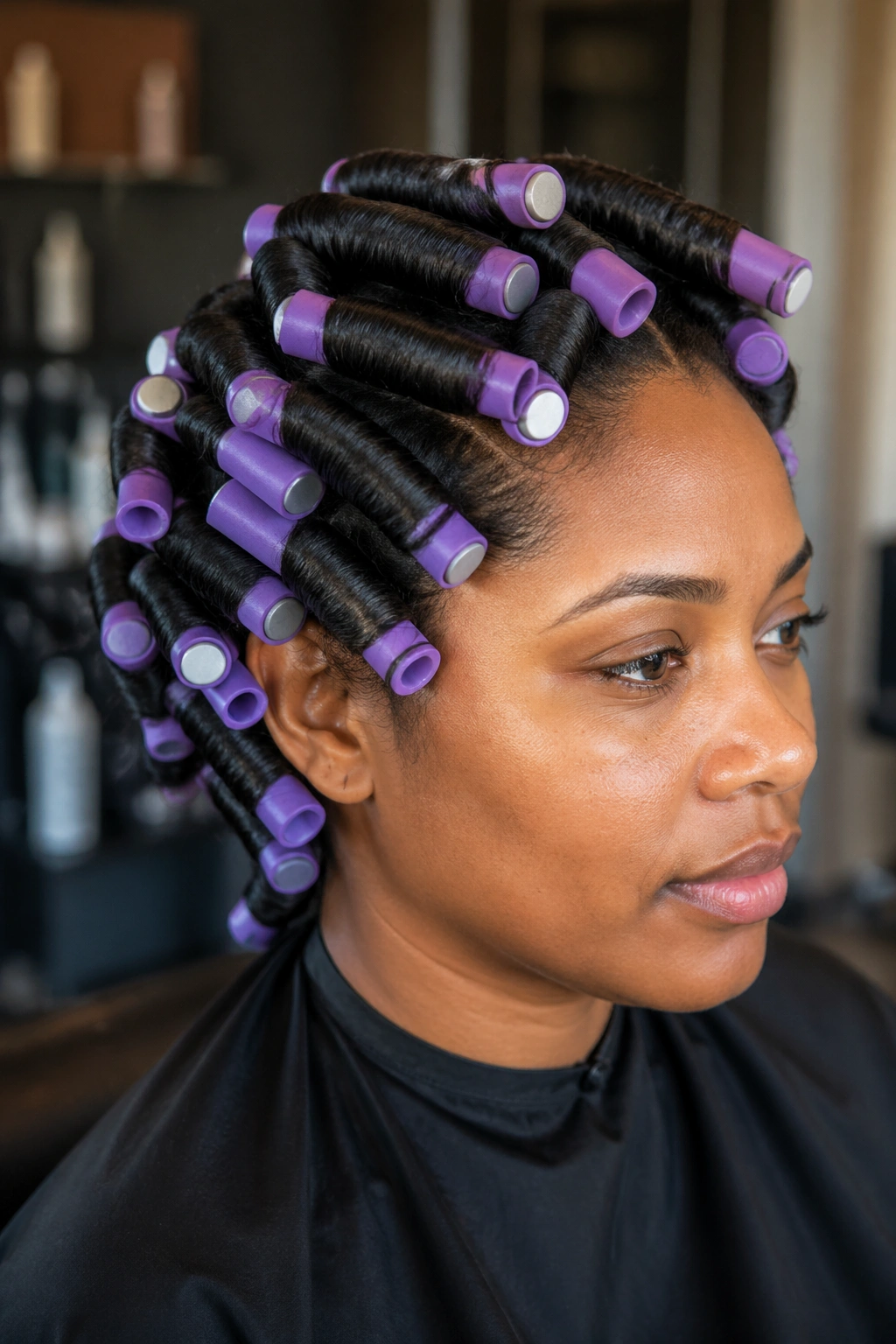 Longer natural hair wrapped on flexi rods on a real person
