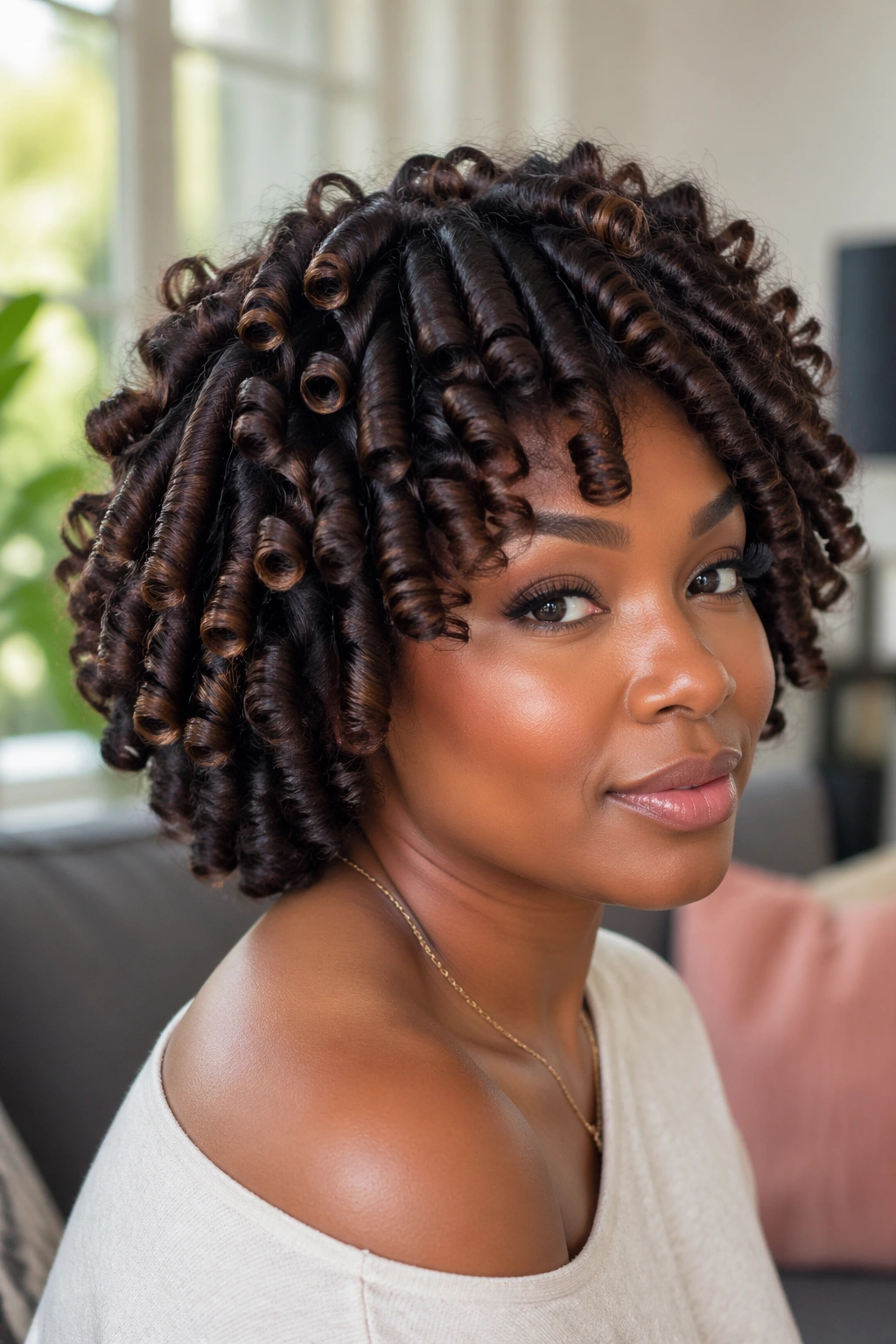 Close-up portrait of a real Black woman with a flexi rod set and defined spirals
