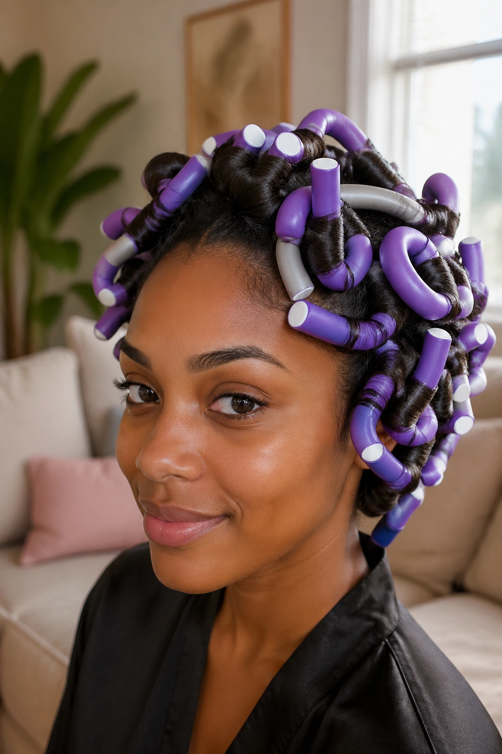 Close-up portrait of a real person with flexi rods in hair