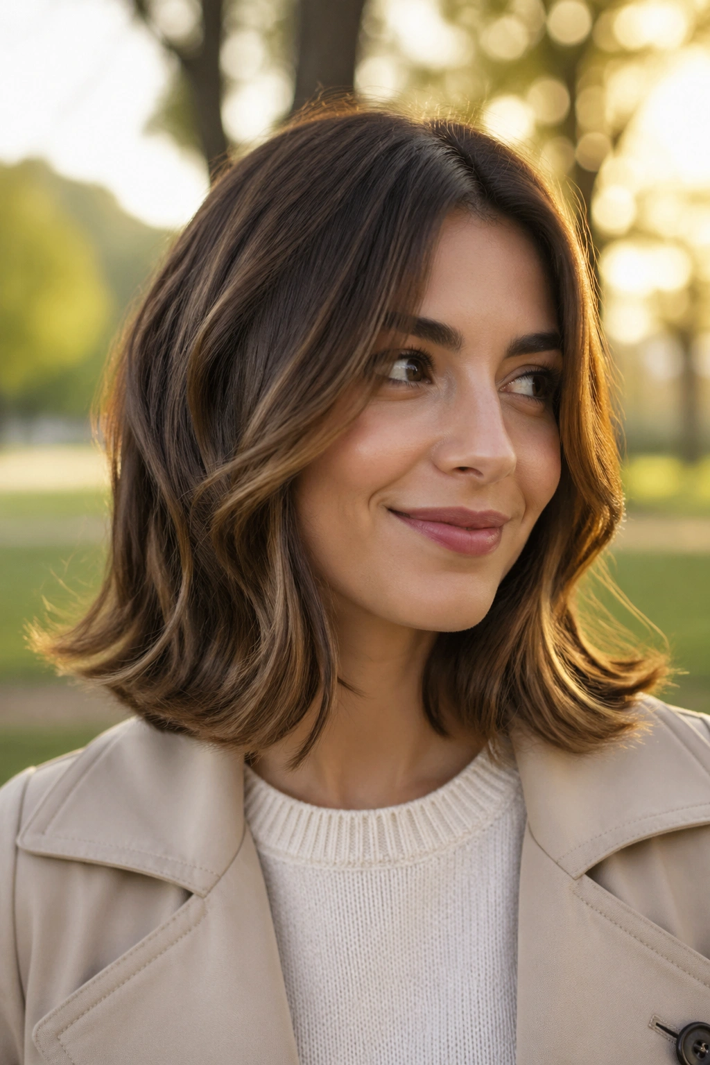 Close-up of a real woman with flip-end lob and playful outward ends
