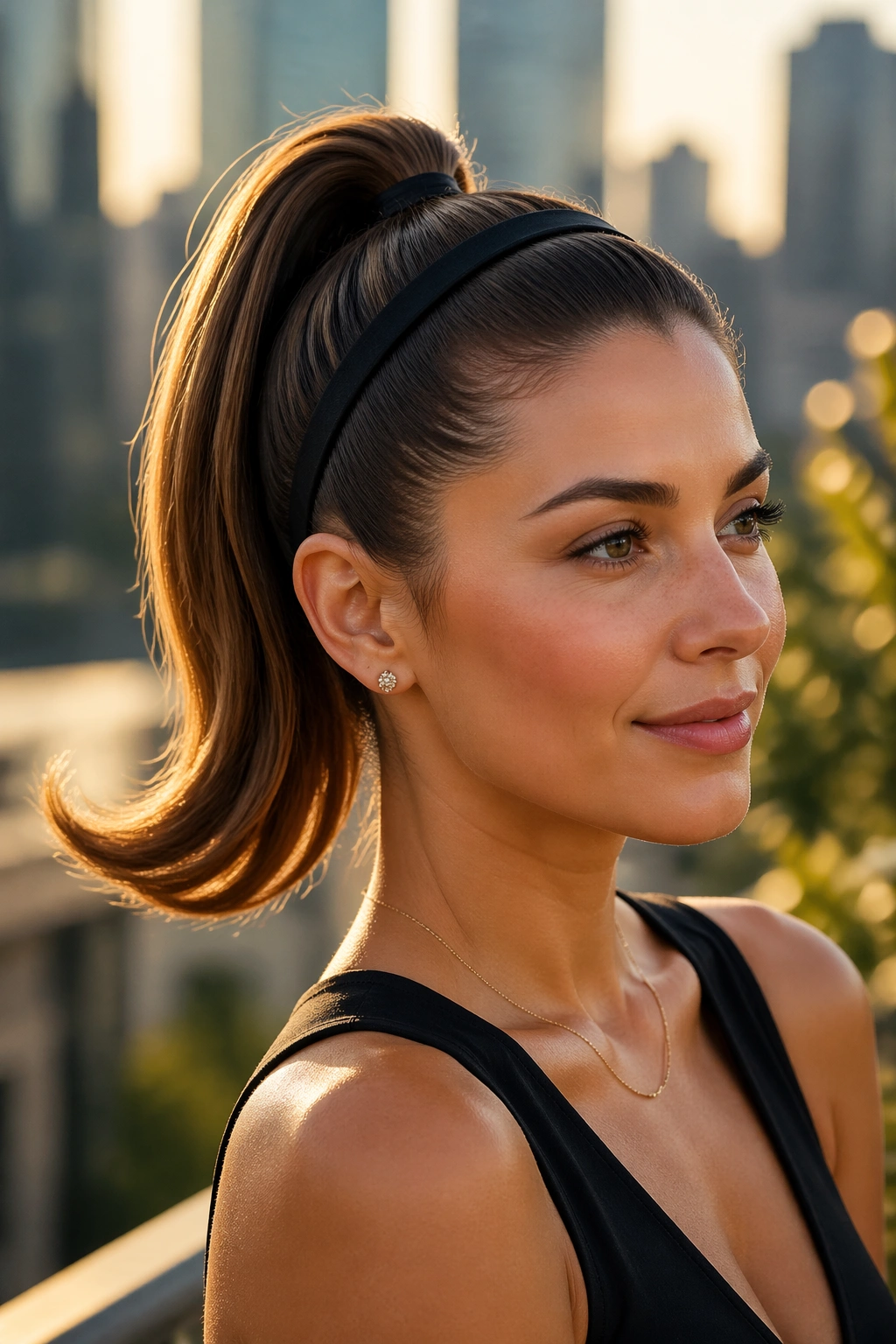 Real woman portrait with flip end ponytail and black headband