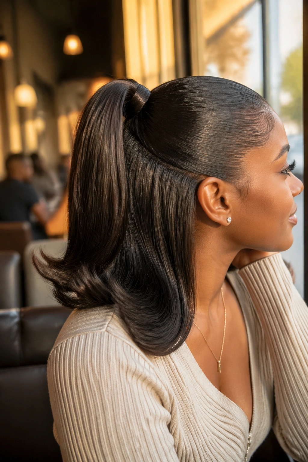 Close-up portrait of a real woman wearing a flip-ends half up weave ponytail with outward flipped ends
