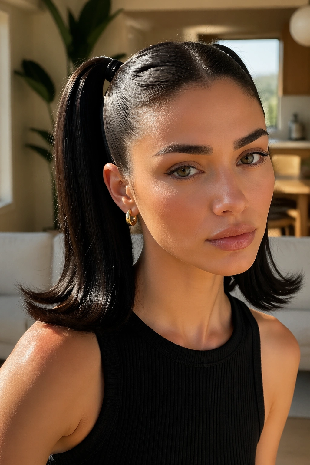 Close-up of a real woman with double ponytails and flip-out ends