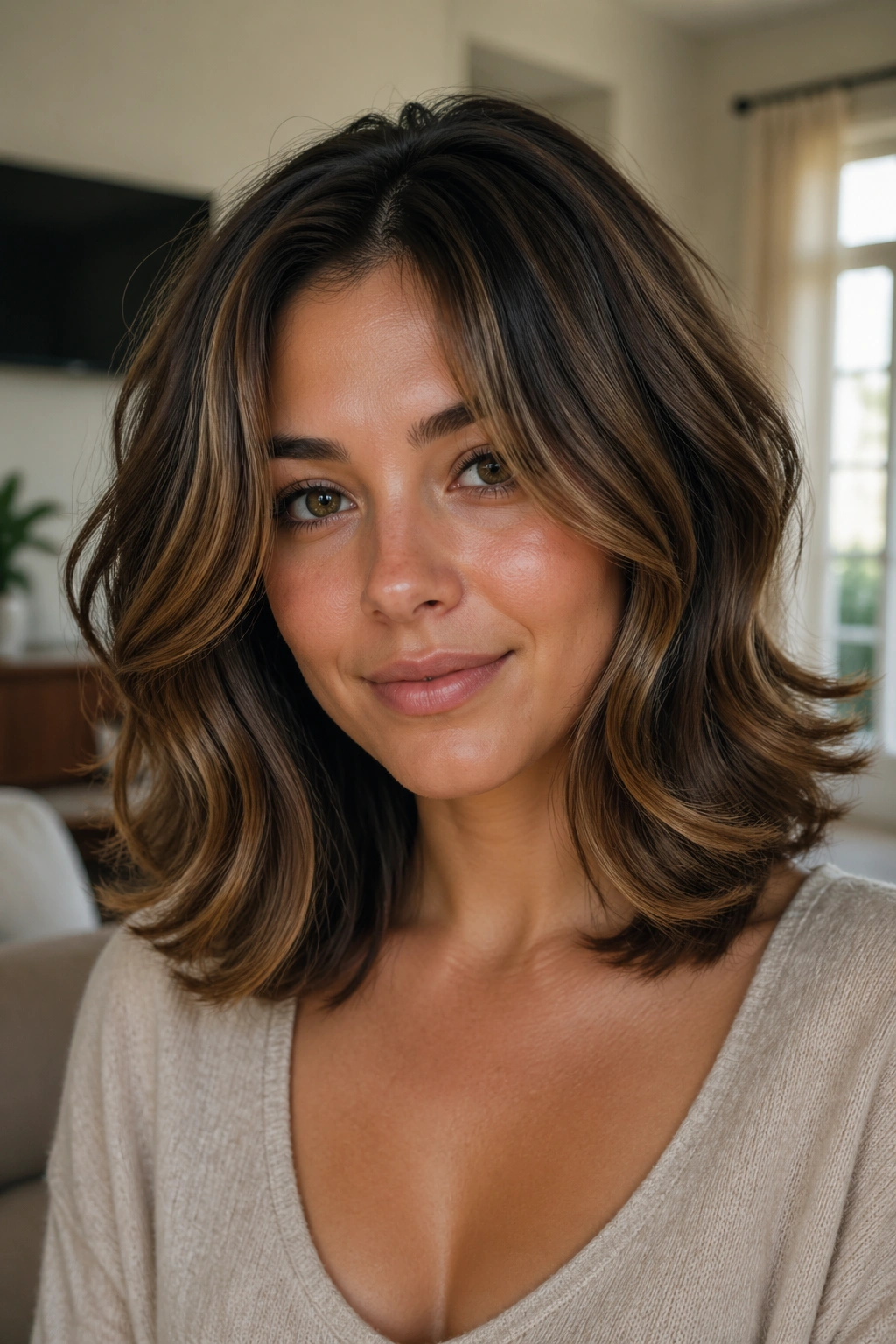 Close-up portrait of a real woman with shoulder-length flip-out waves and outward-flipped ends
