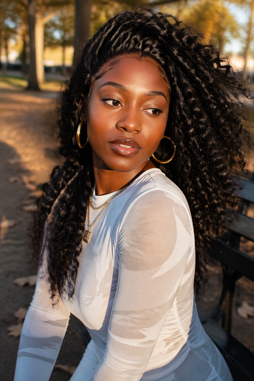 Hero shot of flip-over curly frontal with no fixed part in park