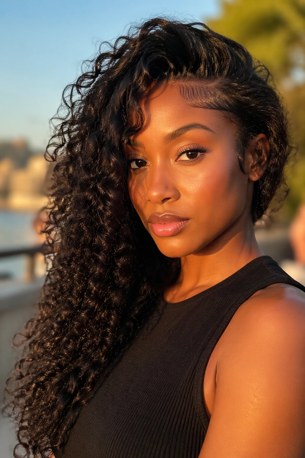 Portrait of a woman with a flip-over curly sew-in and swept curls.