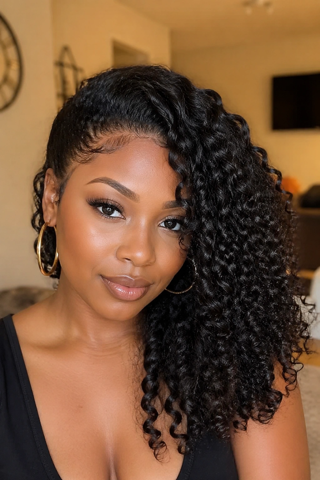 Portrait of a real woman with flip-over curly weave sweeping hair to one side