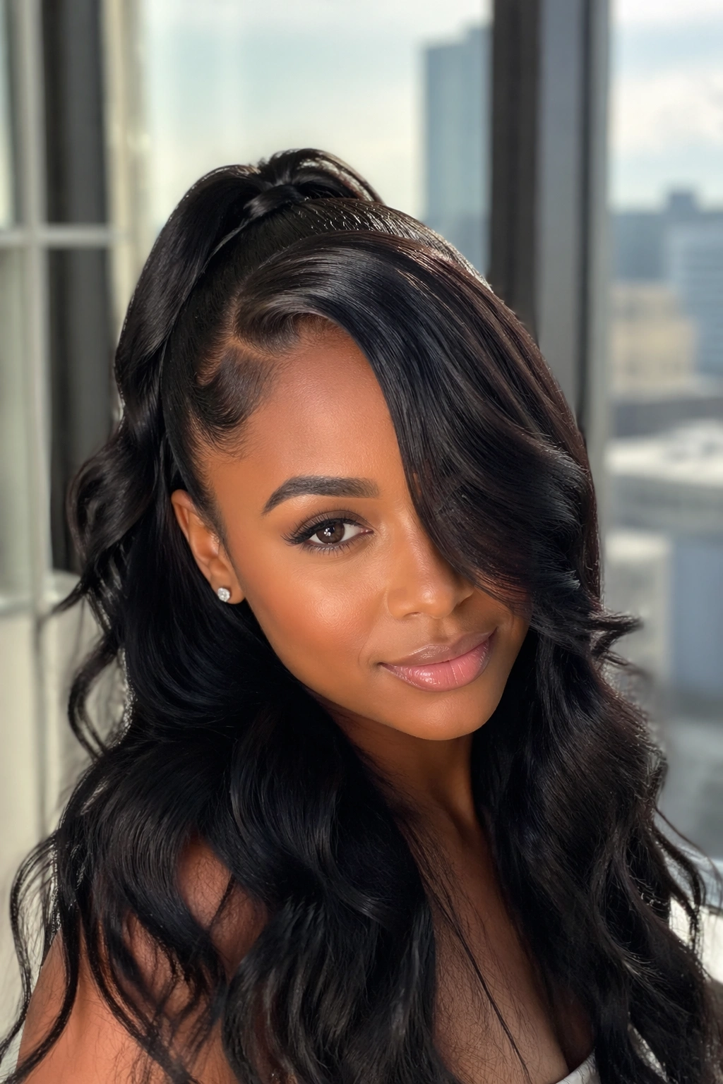 Close-up of a real woman with a flip-over side part in a half-up half-down hairstyle