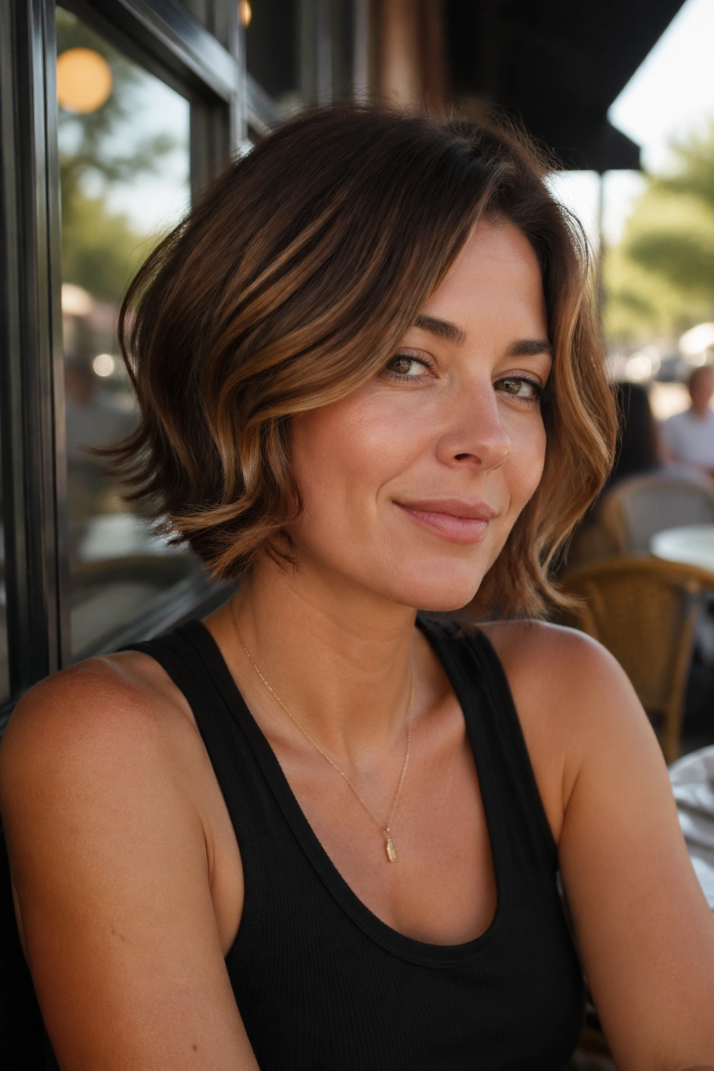 Portrait of a real woman with flipped-out ends on a short bob in an outdoorsy cafe setting.