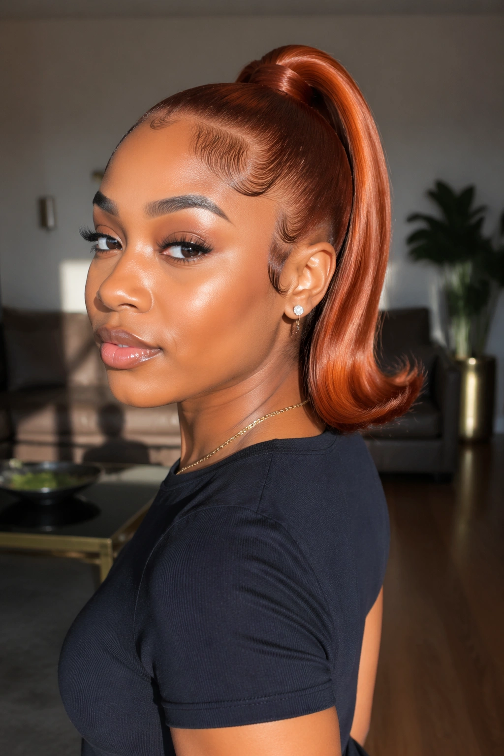 Close-up of a real Black woman with a flipped-end copper ponytail in daylight
