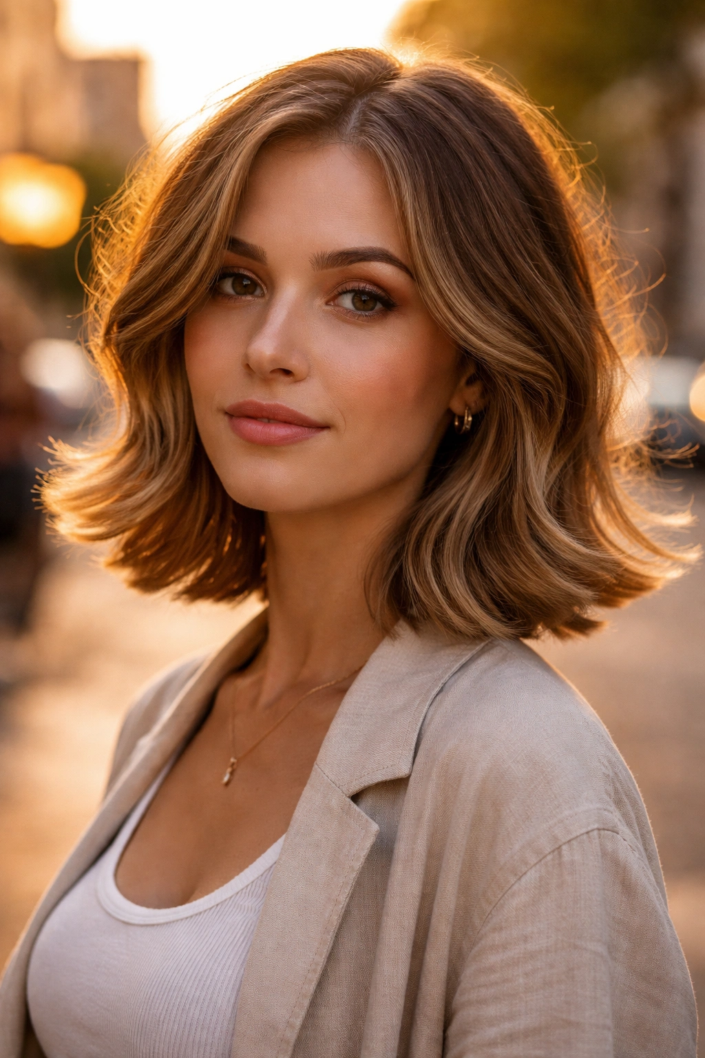Close-up of a real woman with flipped-end lob on an urban street at golden hour