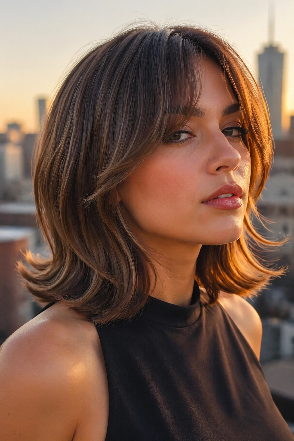 Close-up of a real woman's flipped-end midi with face-framing curtain bangs