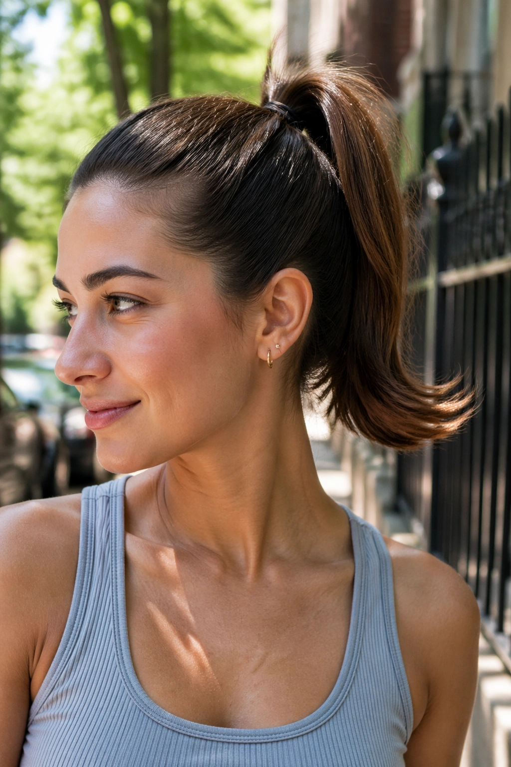 Close-up of a real person with a ponytail flipped-end outward at the ends.
