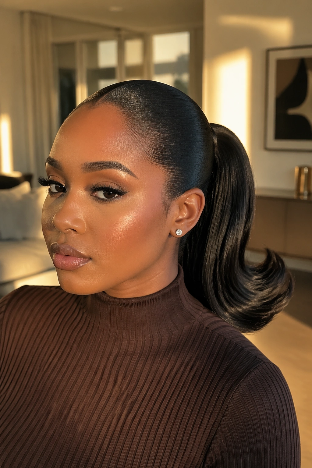 Real woman with a flipped-end ponytail