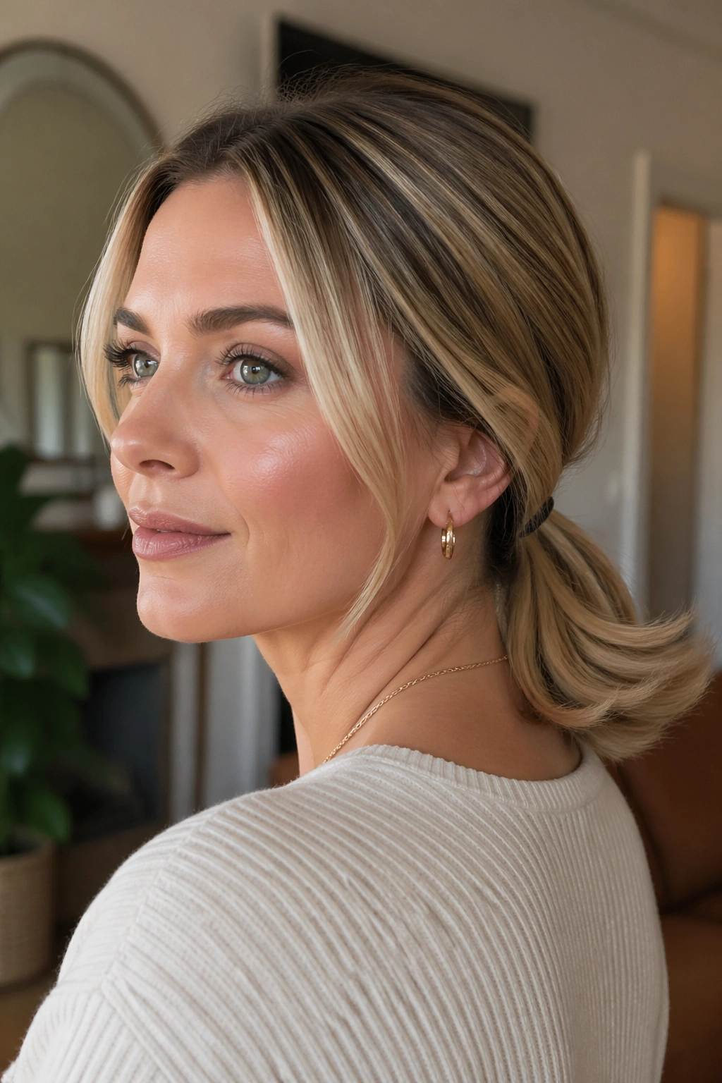 Close-up of a real woman with a flipped-end low ponytail in soft window light