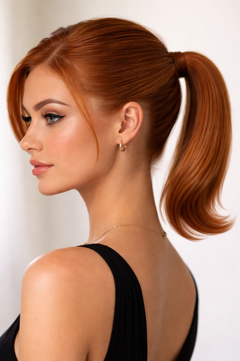 Close-up of a short ginger ponytail with a sleek crown and outward flip