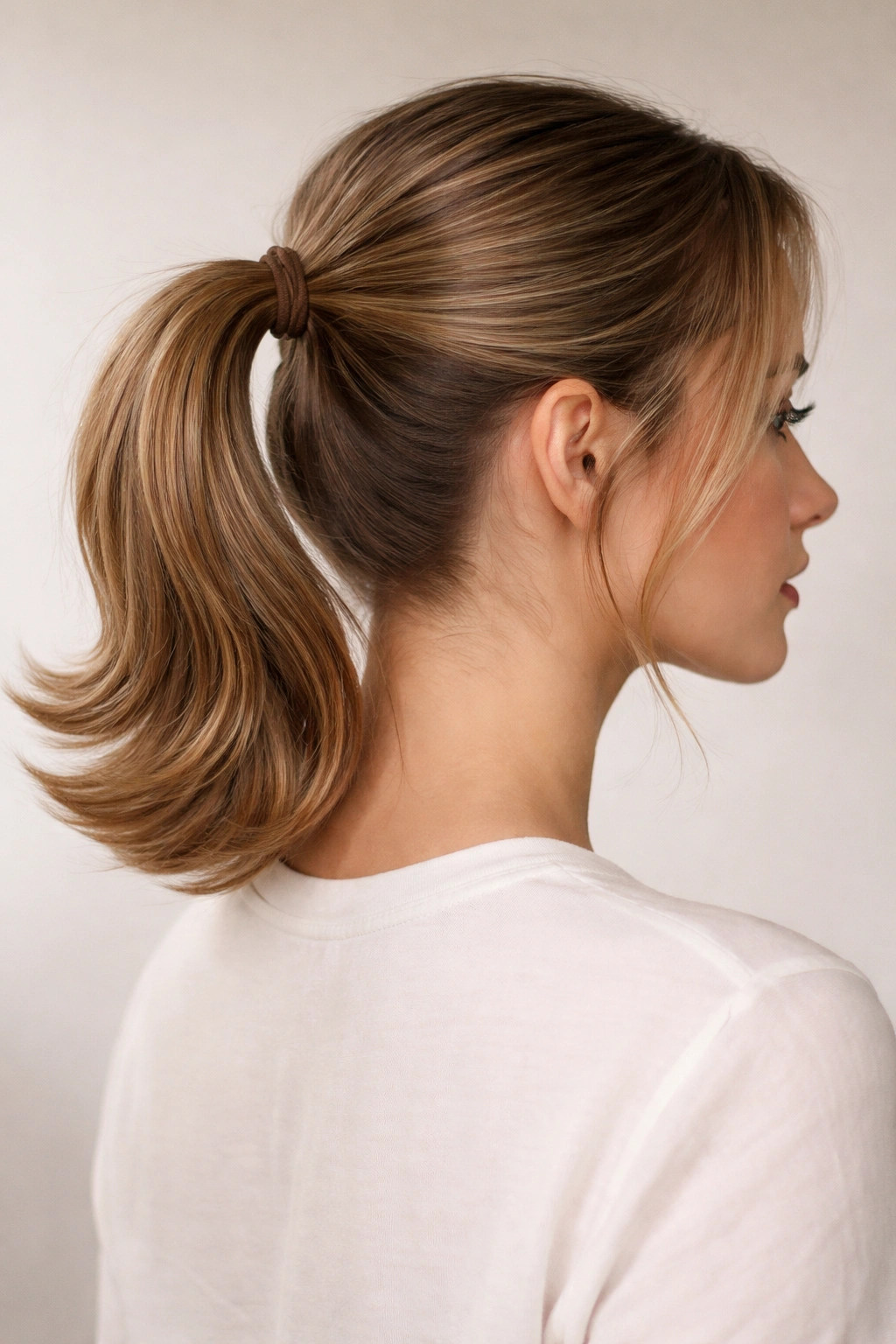 Close-up of flipped-end mid ponytail showing outward-flipped ends.