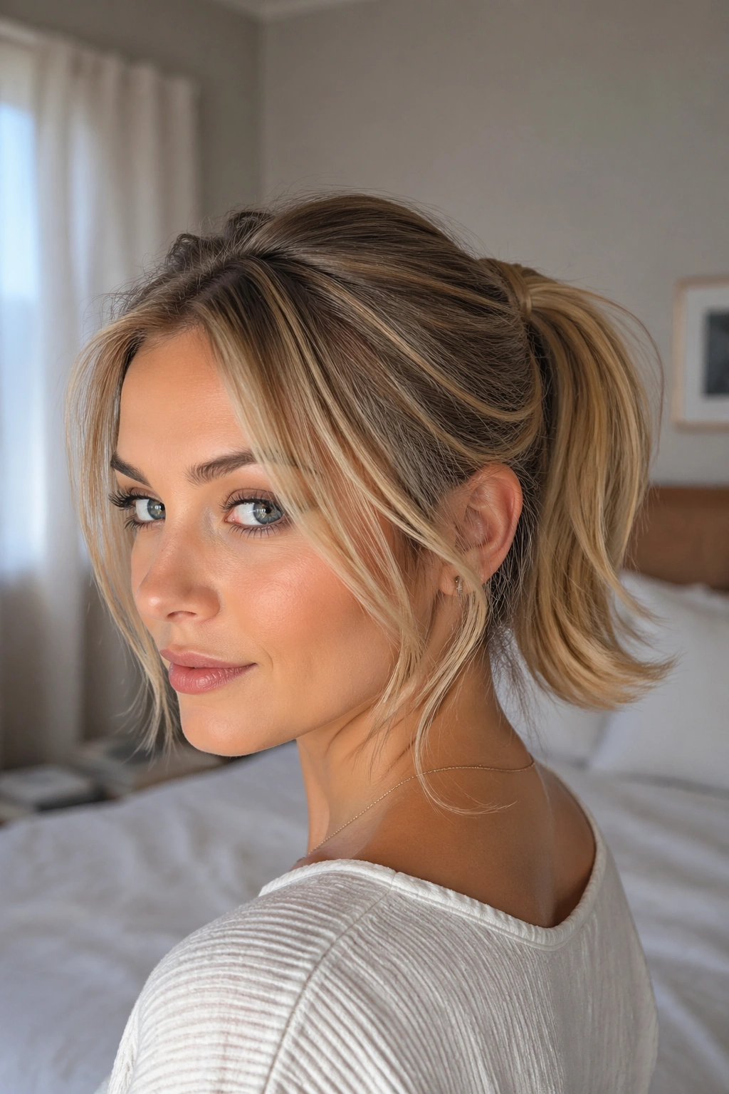 Close-up of a real woman with a flipped-end messy ponytail