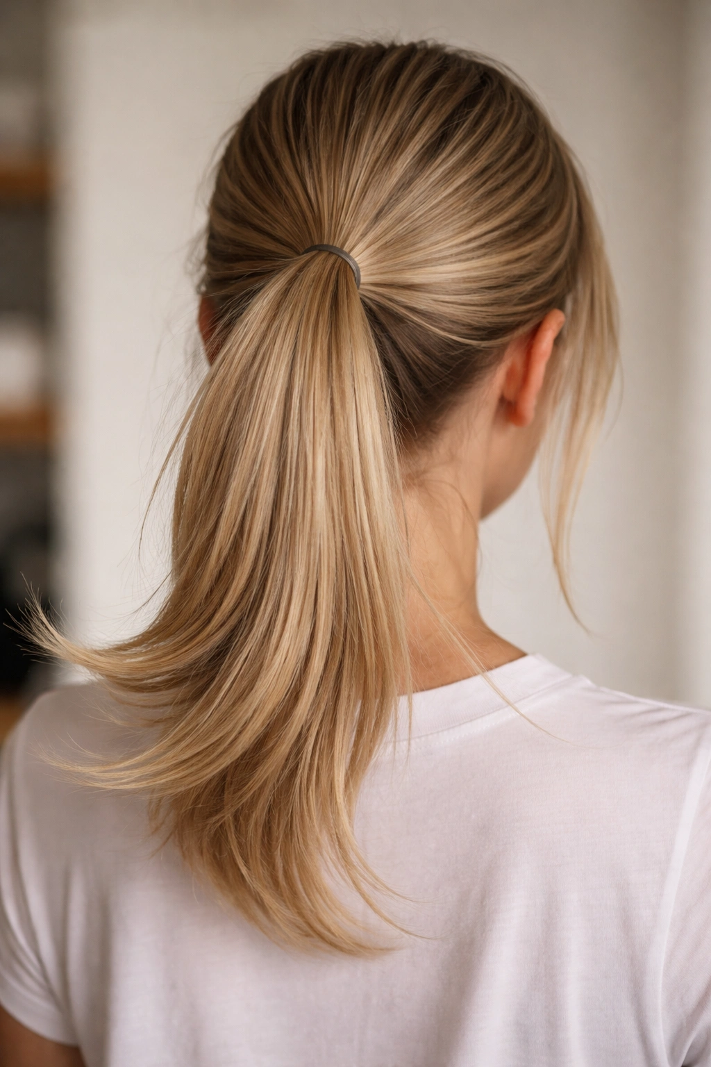 Back view of ponytail with flipped-out tail end