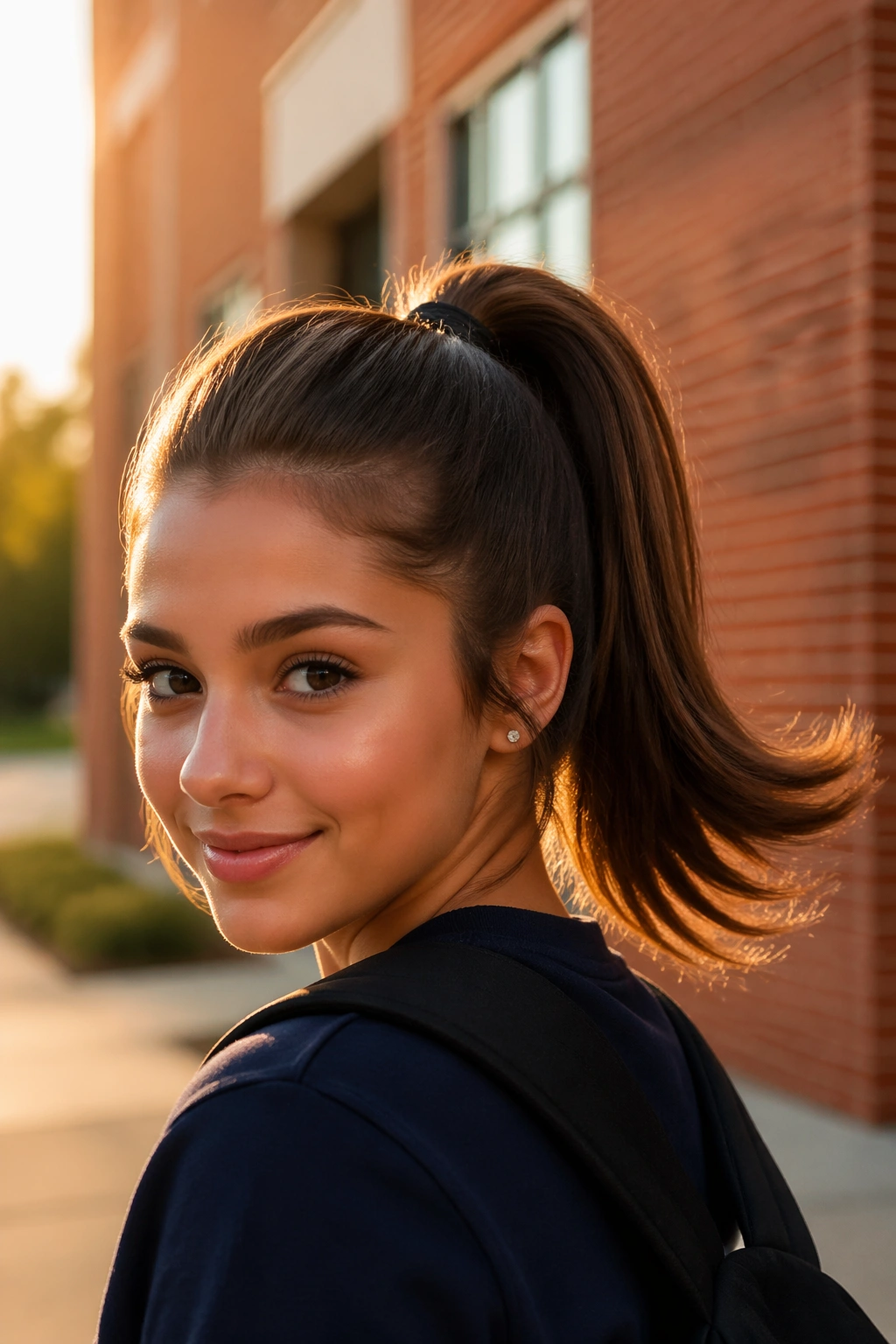 Portrait of a person with a flipped-end ponytail in golden hour light