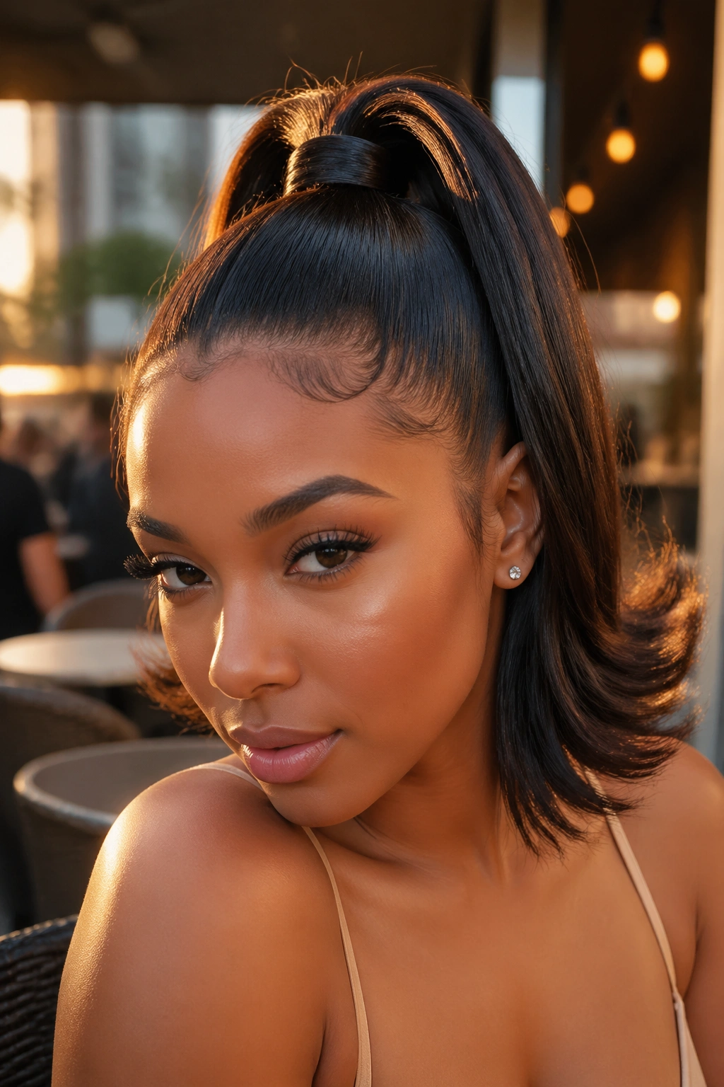 Real woman with a high ponytail featuring flipped-under ends catching golden hour light.