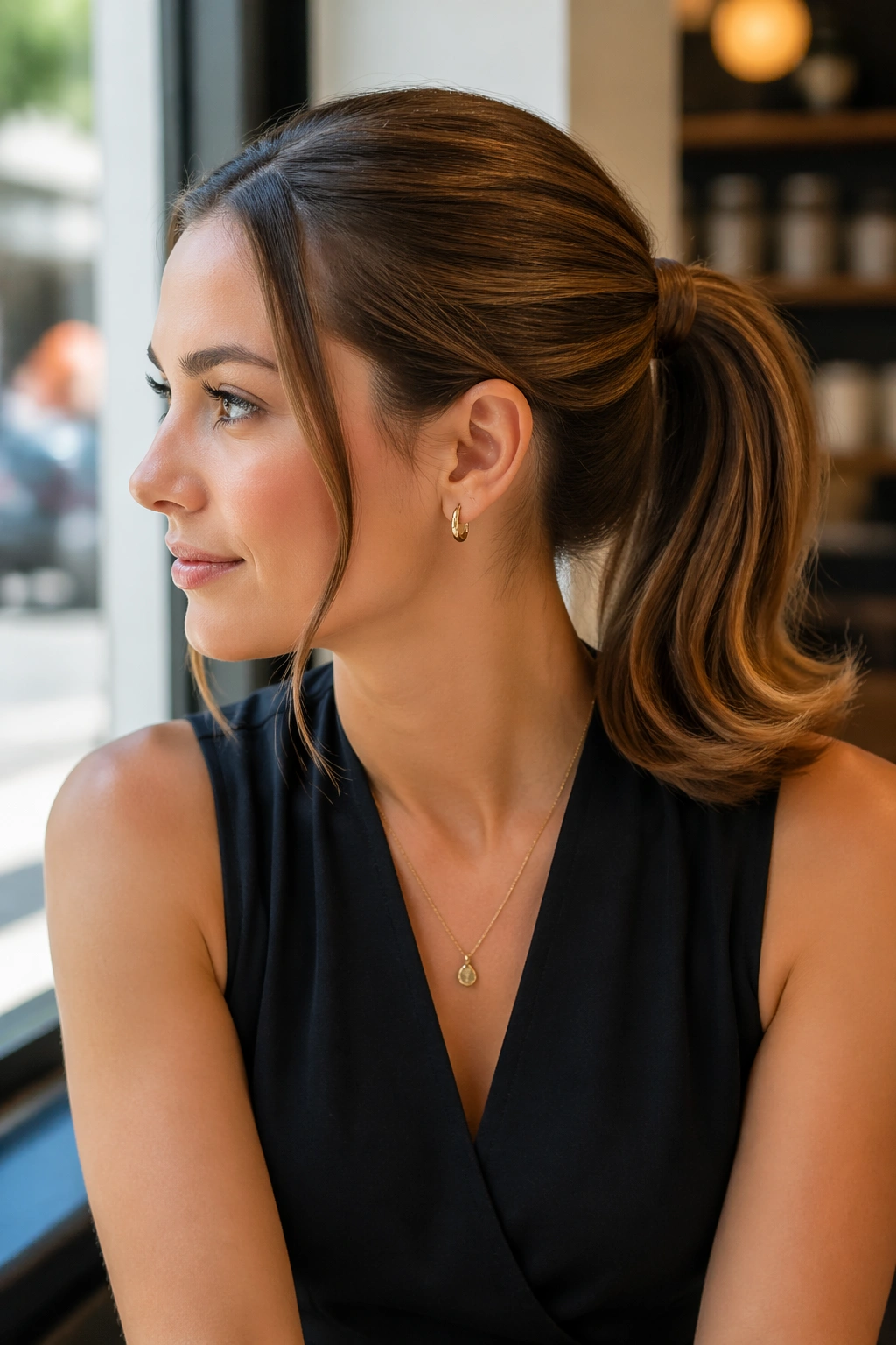 Close-up of a real woman with a flipped-end ponytail in a cafe setting