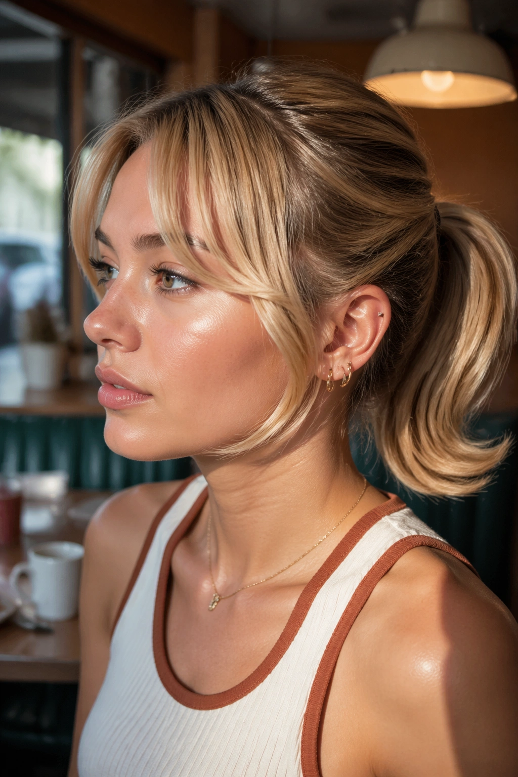 Close-up of real woman with flipped-end ponytail and curtain bangs in retro interior.