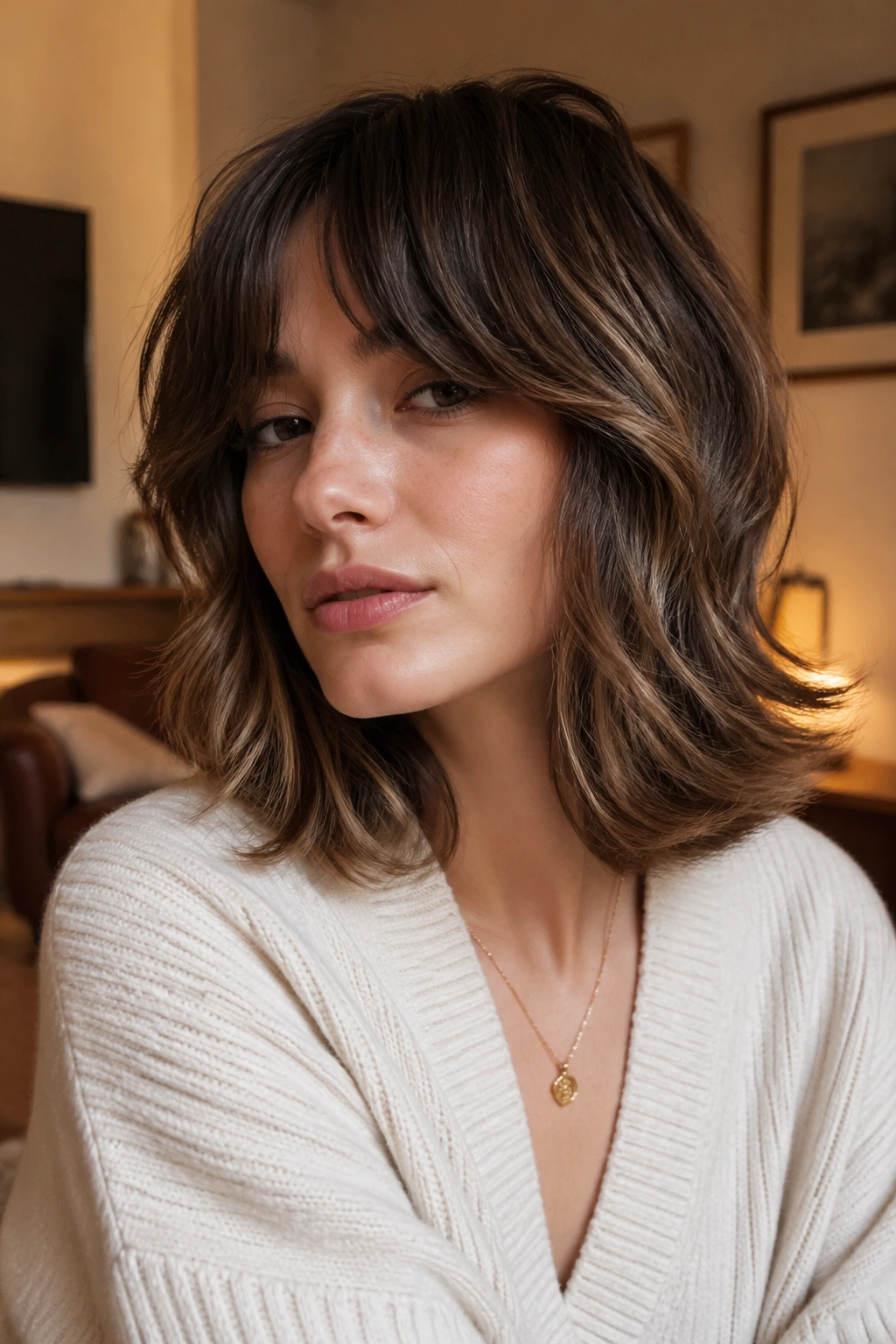 Close-up portrait of a real woman with flipped-end shag showing outward-curl ends