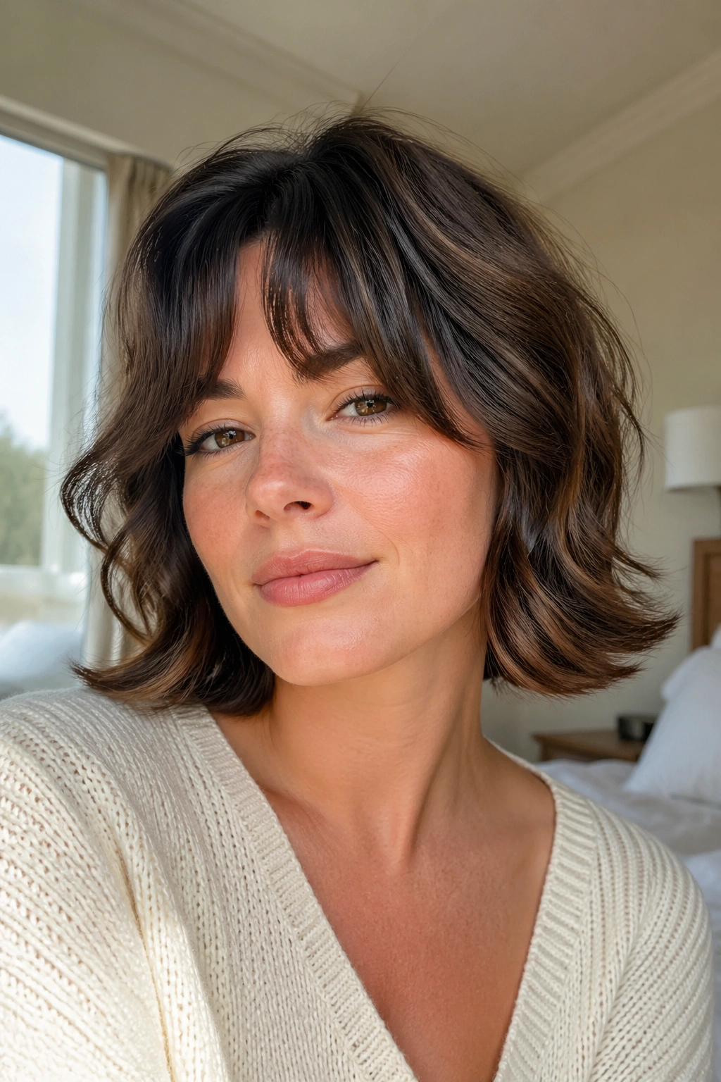 Close-up of a real person with a flipped-end shag bob and outward flipped ends.