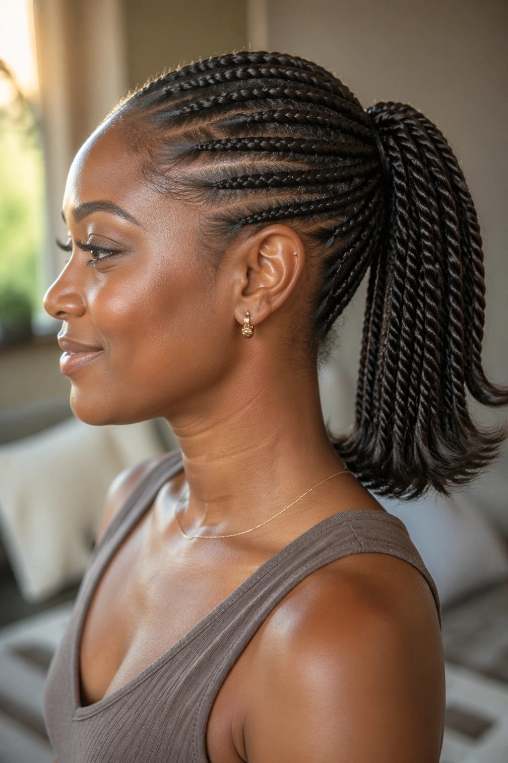 Side portrait of a real woman with flipped-end twist braided ponytail